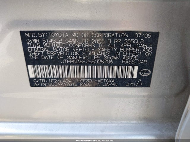 45004760 :رقم المزاد ، JTHBN36F255028706 vin ، 2005 Lexus Ls 430 مزاد بيع