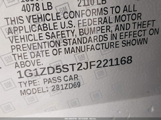 2018 Chevrolet Malibu Lt მანქანა იყიდება აუქციონზე, vin: 1G1ZD5ST2JF221168, აუქციონის ნომერი: 45004765