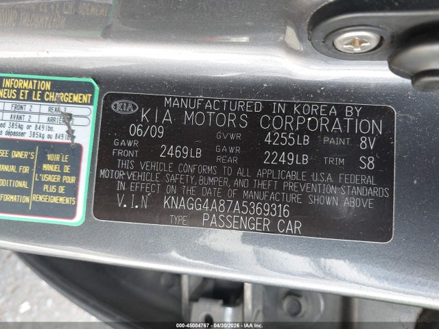 2010 Kia Optima Lx მანქანა იყიდება აუქციონზე, vin: KNAGG4A87A5369316, აუქციონის ნომერი: 45004767