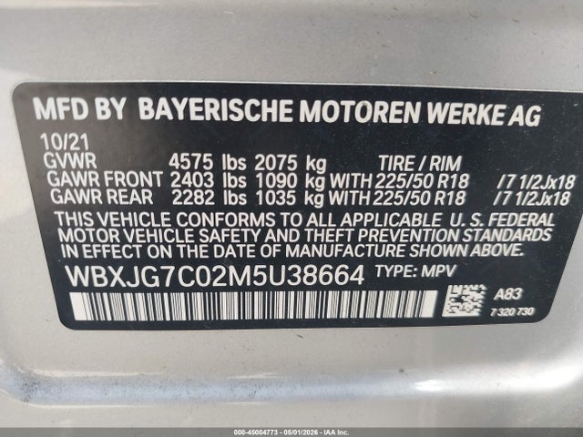 45004773 :رقم المزاد ، WBXJG7C02M5U38664 vin ، 2021 Bmw X1 Sdrive28i مزاد بيع