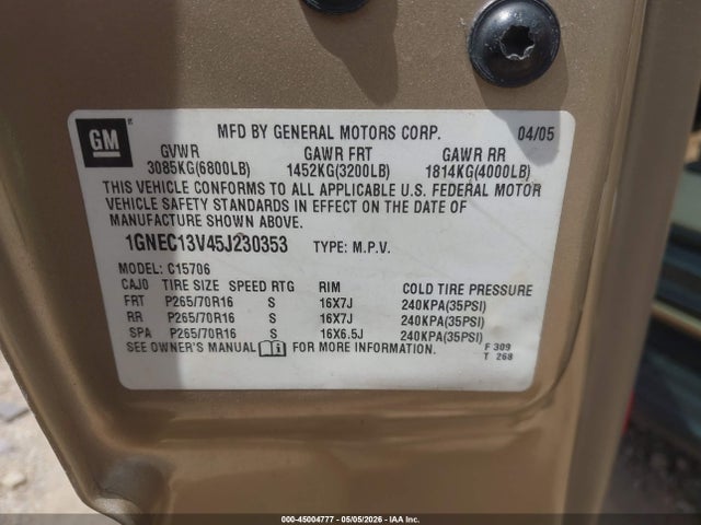 Продаж на аукціоні авто 2005 Chevrolet Tahoe Ls, vin: 1GNEC13V45J230353, номер лоту: 45004777
