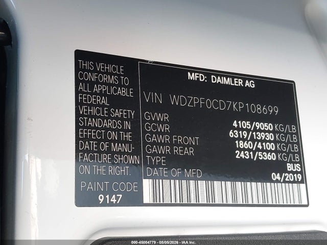 45004779 :رقم المزاد ، WDZPF0CD7KP108699 vin ، 2019 Mercedes-benz Sprinter 2500 High Roof V6 مزاد بيع