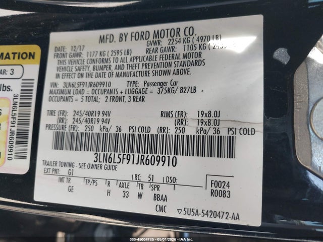 Aukcja sprzedaży 2018 Lincoln Mkz Reserve, vin: 3LN6L5F91JR609910, numer aukcji: 45004785