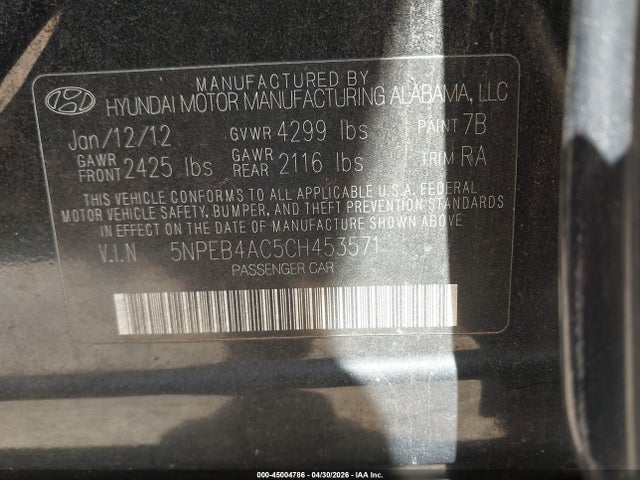 Aukcja sprzedaży 2012 Hyundai Sonata Gls, vin: 5NPEB4AC5CH453571, numer aukcji: 45004786