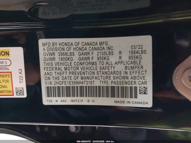 2HGFE1E56NH473167 Honda CIVIC SI SEDAN