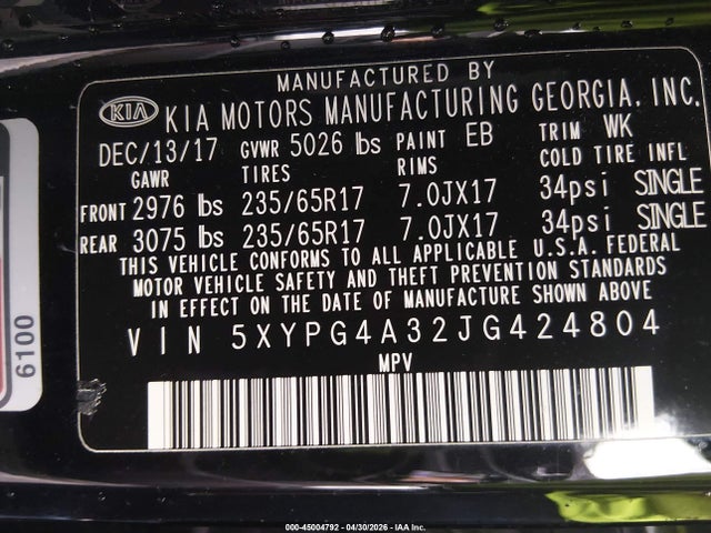 Aukcja sprzedaży 2018 Kia Sorento 2.4l L, vin: 5XYPG4A32JG424804, numer aukcji: 45004792