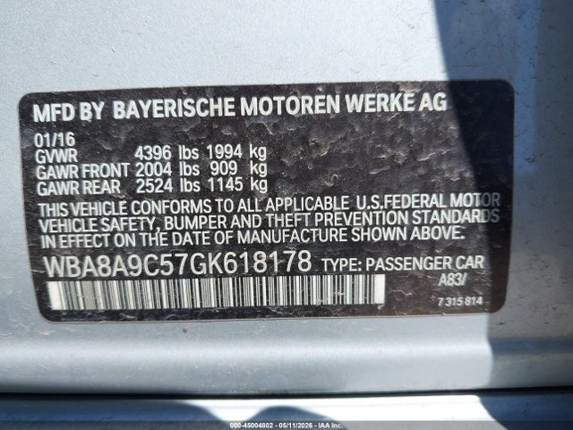 Aukcja sprzedaży 2016 Bmw 320i, vin: WBA8A9C57GK618178, numer aukcji: 45004802
