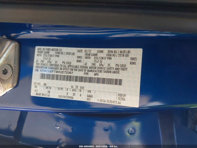 2017 Ford Escape S მანქანა იყიდება აუქციონზე, vin: 1FMCU0F74HUE72367, აუქციონის ნომერი: 45004803