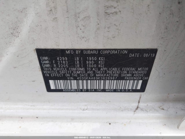 45004812 :رقم المزاد ، 4S3GKAA69K3626987 vin ، 2019 Subaru Impreza 2.0i مزاد بيع