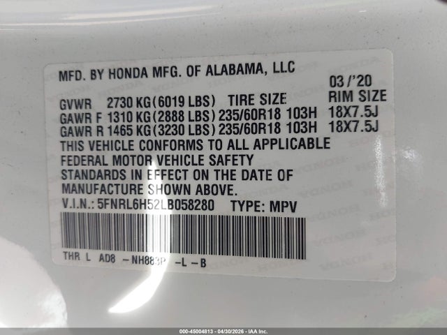 Honda ODYSSEY EX 2020 5FNRL6H52LB058280 Image 9