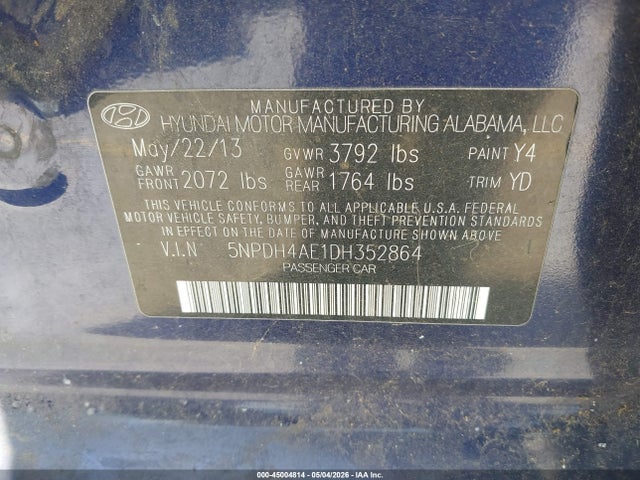 Auction sale of the 2013 Hyundai Elantra Gls, vin: 5NPDH4AE1DH352864, lot number: 45004814
