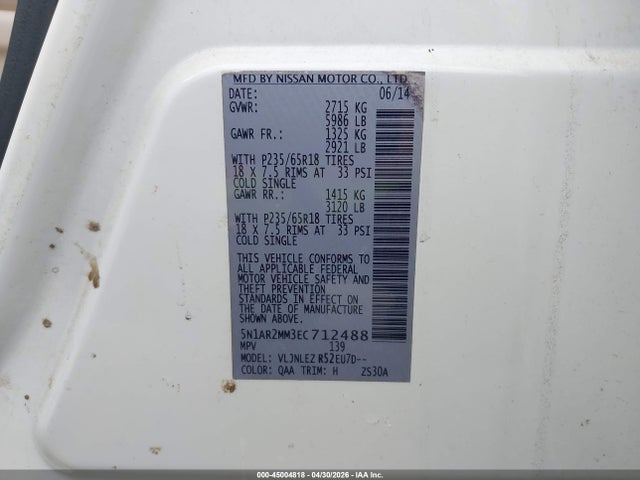 Aukcja sprzedaży 2014 Nissan Pathfinder Sv, vin: 5N1AR2MM3EC712488, numer aukcji: 45004818
