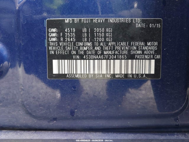 Продажа на аукционе авто 2015 Subaru Legacy 2.5i, vin: 4S3BNAA67F3041865, номер лота: 45004825