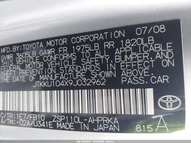 2009 Scion Xd მანქანა იყიდება აუქციონზე, vin: JTKKU104X9J032962, აუქციონის ნომერი: 45004827