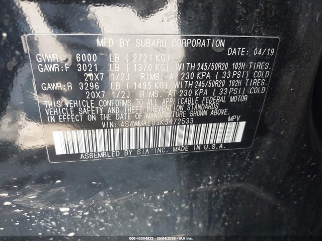 Продаж на аукціоні авто 2019 Subaru Ascent Limited, vin: 4S4WMALD3K3472533, номер лоту: 45004829