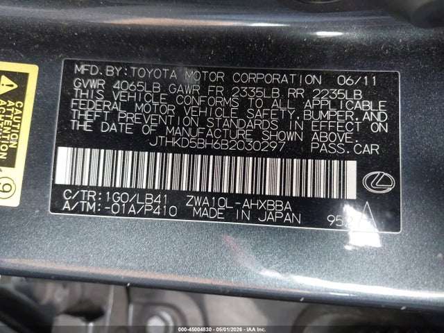 45004830 :رقم المزاد ، JTHKD5BH6B2030297 vin ، 2011 Lexus Ct 200h Premium مزاد بيع