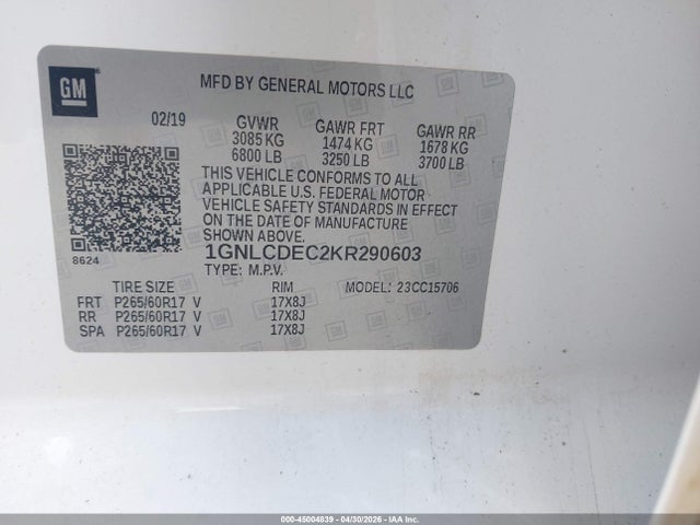 Продажа на аукционе авто 2019 Chevrolet Tahoe Commercial Fleet, vin: 1GNLCDEC2KR290603, номер лота: 45004839