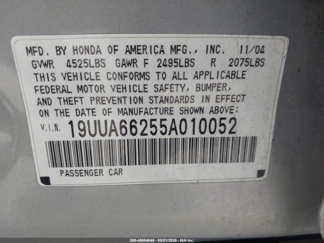 Продаж на аукціоні авто 2005 Acura Tl, vin: 19UUA66255A010052, номер лоту: 45004846