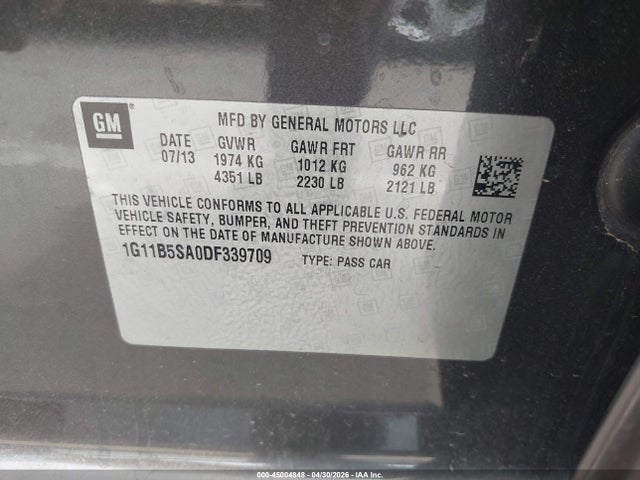 Aukcja sprzedaży 2013 Chevrolet Malibu 1ls, vin: 1G11B5SA0DF339709, numer aukcji: 45004848