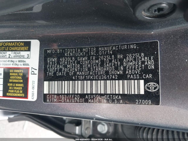 45004853 :رقم المزاد ، 4T1BF1FK3EU361742 vin ، 2014 Toyota Camry Se مزاد بيع