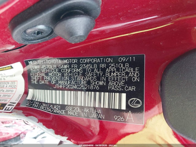 45004858 :رقم المزاد ، JTHFF2C24C2521876 vin ، 2012 Lexus Is 250c مزاد بيع