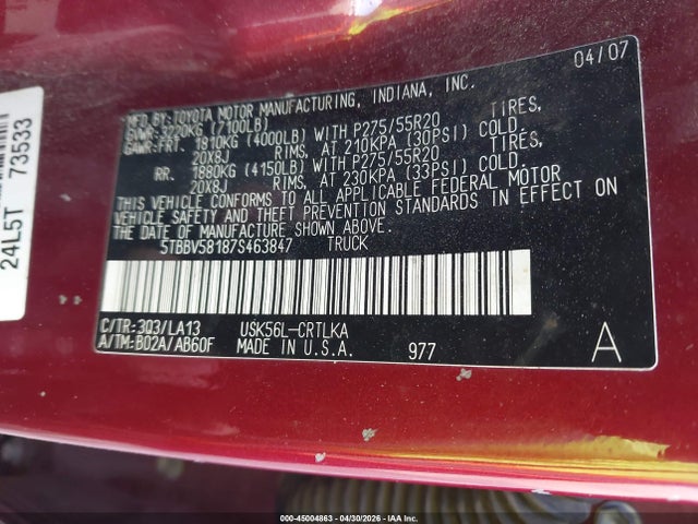 Aukcja sprzedaży 2007 Toyota Tundra Limited 5.7l V8, vin: 5TBBV58187S463847, numer aukcji: 45004863
