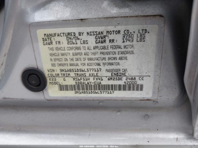 2006 Nissan Sentra Se-r Spec V მანქანა იყიდება აუქციონზე, vin: 3N1AB51D56L577117, აუქციონის ნომერი: 45004868
