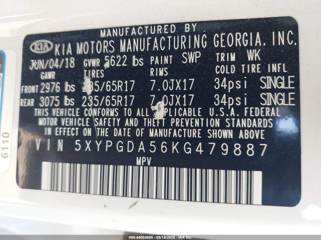 45004890 :رقم المزاد ، 5XYPGDA56KG479887 vin ، 2019 Kia Sorento 3.3l Lx مزاد بيع