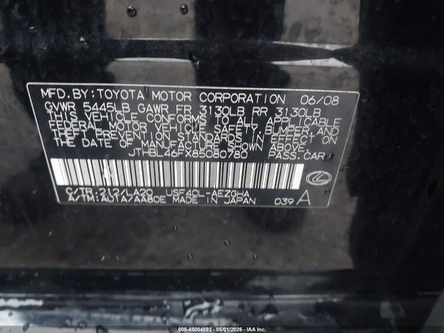 45004893 :رقم المزاد ، JTHBL46FX85080780 vin ، 2008 Lexus Ls 460 مزاد بيع