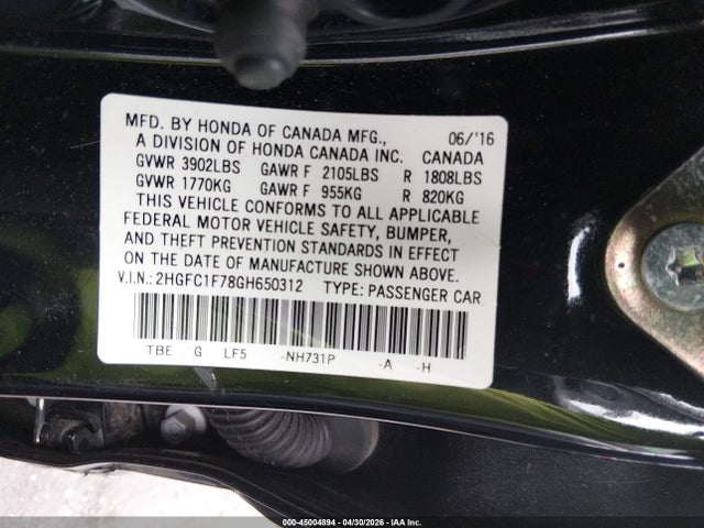 45004894 :رقم المزاد ، 2HGFC1F78GH650312 vin ، 2016 Honda Civic Ex-l مزاد بيع