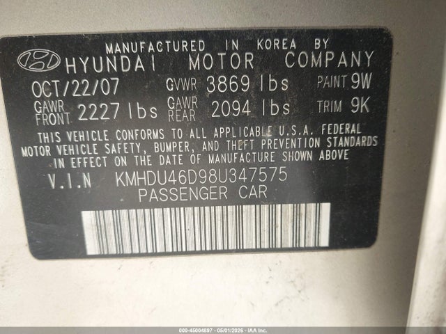 Aukcja sprzedaży 2008 Hyundai Elantra Gls/se, vin: KMHDU46D98U347575, numer aukcji: 45004897