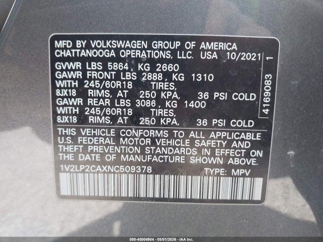 Продажа на аукционе авто 2022 Volkswagen Atlas 2.0t Se, vin: 1V2LP2CAXNC509378, номер лота: 45004904