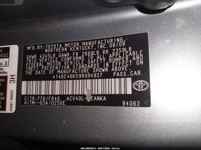 2009 Toyota Camry Le/se/xle მანქანა იყიდება აუქციონზე, vin: 4T4BE46K59R094927, აუქციონის ნომერი: 45004913