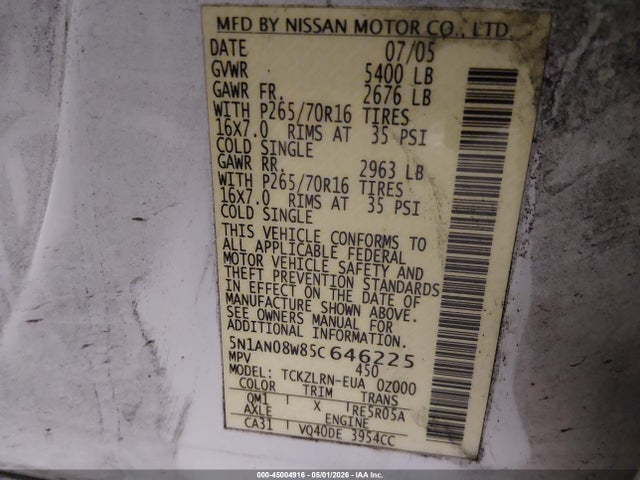 Aukcja sprzedaży 2005 Nissan Xterra S, vin: 5N1AN08W85C646225, numer aukcji: 45004916