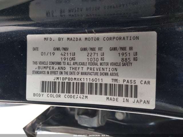 Aukcja sprzedaży 2019 Mazda Mazda3 Preferred Package, vin: JM1BPBDMXK1116011, numer aukcji: 45004927