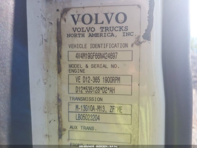 Auction sale of the 2006 Volvo Vn Vnm, vin: 4V4M19GF66N424697, lot number: 45004929