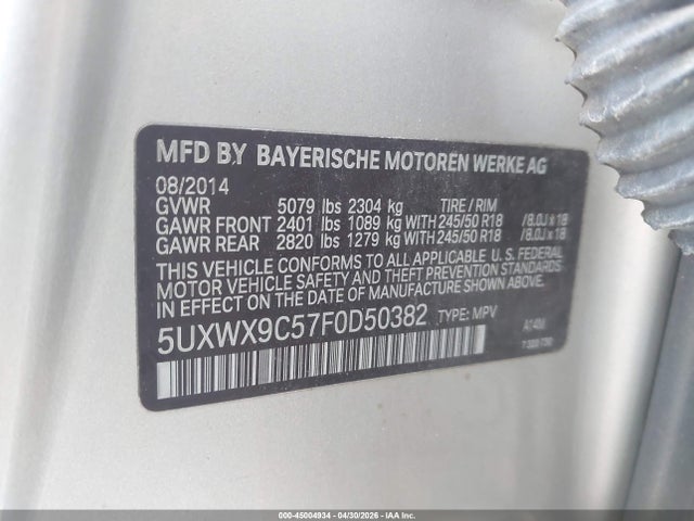 45004934 :رقم المزاد ، 5UXWX9C57F0D50382 vin ، 2015 Bmw X3 Xdrive28i مزاد بيع