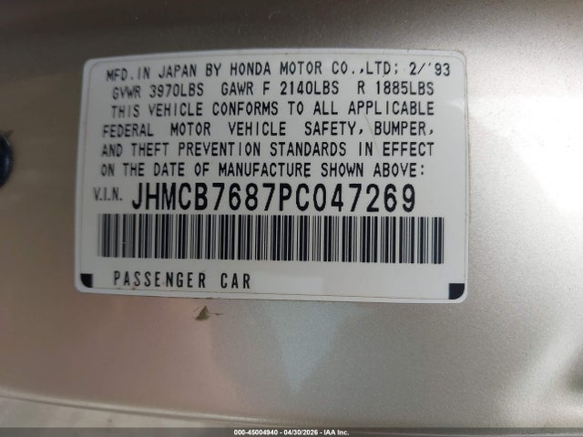 45004940 :رقم المزاد ، JHMCB7687PC047269 vin ، 1993 Honda Accord Se مزاد بيع