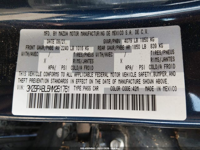 45004943 :رقم المزاد ، 3MZBPABL5MM251761 vin ، 2021 Mazda Mazda3 Select مزاد بيع