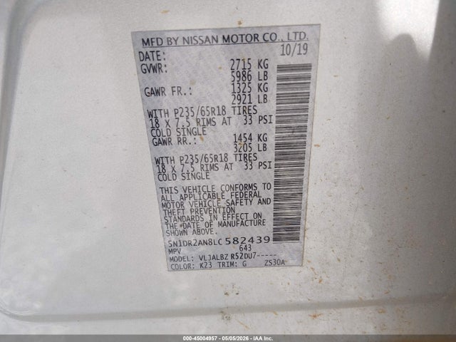Aukcja sprzedaży 2020 Nissan Pathfinder S 2wd, vin: 5N1DR2AN8LC582439, numer aukcji: 45004957