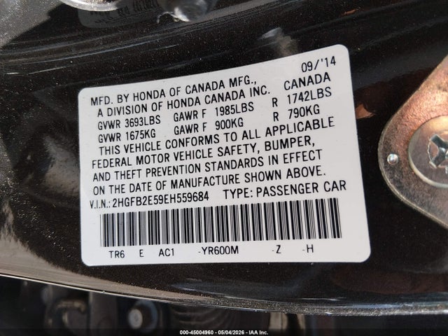 2014 Honda Civic Lx მანქანა იყიდება აუქციონზე, vin: 2HGFB2E59EH559684, აუქციონის ნომერი: 45004960