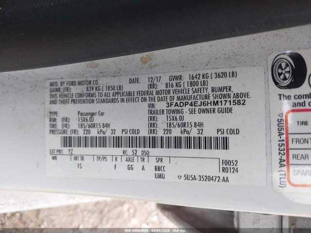 45004965 :رقم المزاد ، 3FADP4EJ6HM171582 vin ، 2017 Ford Fiesta Se مزاد بيع