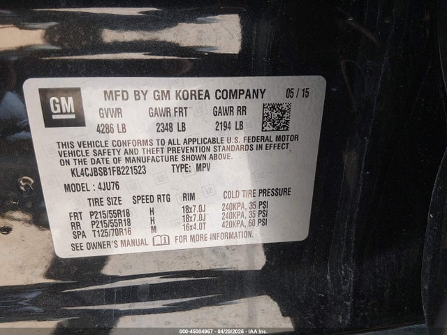 2015 Buick Encore Convenience მანქანა იყიდება აუქციონზე, vin: KL4CJBSB1FB221523, აუქციონის ნომერი: 45004967