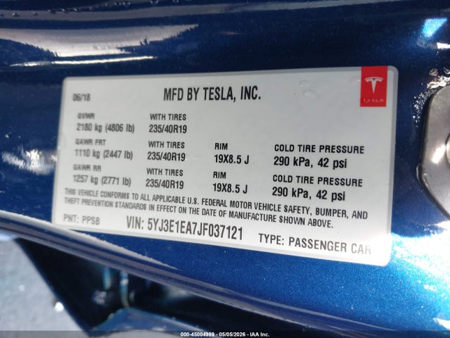 5YJ3E1EA7JF037121 Tesla Model 3 Long Range/mid Range