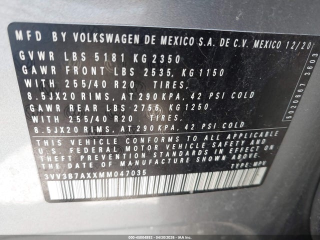 45004992 :رقم المزاد ، 3VV3B7AXXMM047035 vin ، 2021 Volkswagen Tiguan 2.0t Se/2.0t Se R-line Black/2.0t Sel مزاد بيع