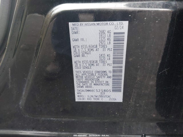 45004997 :رقم المزاد ، 5N1AL0MMXEC525805 vin ، 2014 Infiniti Qx60 مزاد بيع