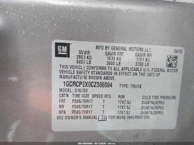 Продаж на аукціоні авто 2012 Chevrolet Silverado 1500 Work Truck, vin: 1GCRCPEX0CZ306094, номер лоту: 45004999