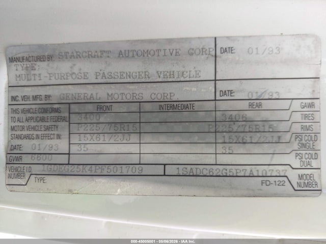 Aukcja sprzedaży 1993 Gmc Rally Wagon / Van G2500, vin: 1GDEG25K4PF501709, numer aukcji: 45005001