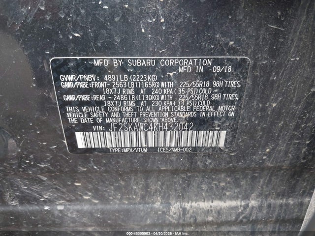 45005003 :رقم المزاد ، JF2SKAWC4KH432042 vin ، 2019 Subaru Forester Touring مزاد بيع
