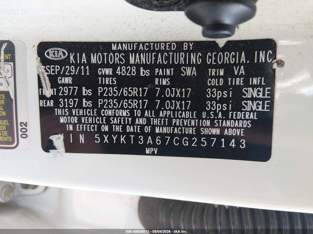 Продажа на аукционе авто 2012 Kia Sorento Lx, vin: 5XYKT3A67CG257143, номер лота: 45005013